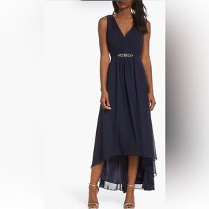 Eliza J Navy Blue High Low Gown with Sparkling Waist. Size 14. New with tags